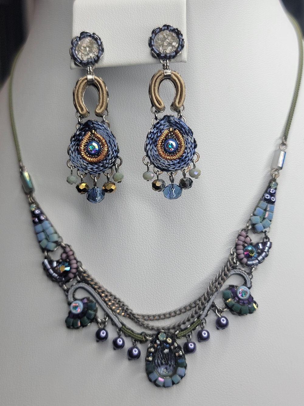 Ayala Bar Handcrafted Blue and Gold Beaded Necklace & Earrings Set
